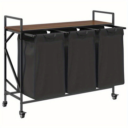 Wasmand – Wassorteerder – Wasbox – Opbergmand – Wasbak – 3 Vakken – Wieltjes – Stevig Bruin Eikenhout Frame – Duurzame Stof