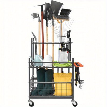 Tuingereedschap Organizer – Gereedschaphouder – Tuinopberger – Tuinrek – Metalen Organizer – Koolstofstaal – Met Wielen
