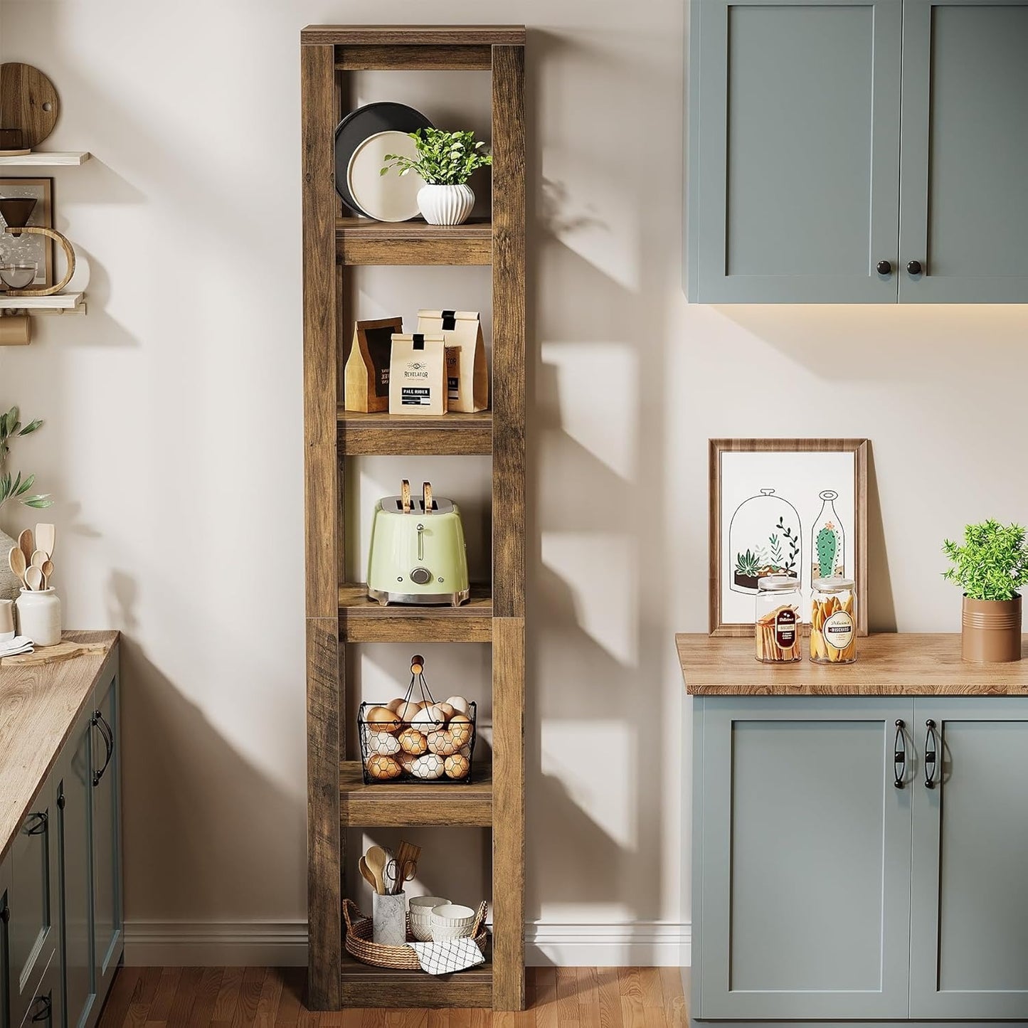 Boekenplank – Boekenrek – Wandplank – Boekenhouder – Hoekboekenkast – Vrijstaand – 6-laags – Smal en 180 cm Hoog – Rustiek Bruin Hout