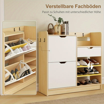 Shoe Cabinet, Suitable for Hallways, Featuring a Lift-up Drawer, Open Shelving and Four Hooks, Accommodating up to Fourteen Pairs of Shoes, Natural Finish.