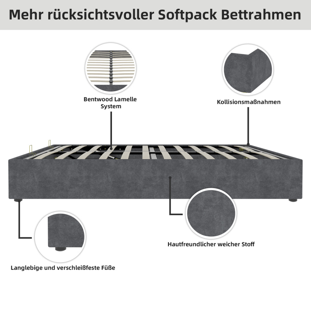 Bed – Bedframe – Ledikant – Slaapbank – Slaapbed – Beige Fluweel – Gasveer Opbergruimte – Laag Platform 160x200 cm
