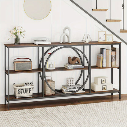 Mid-Century Halbank – Sofa Tafel – Console Tafel – Opbergtafel – Halmeubel – Stevig Metalen Frame – 3 Opbergniveaus – Extra Lang Faux Hout – Rustiek Bruin