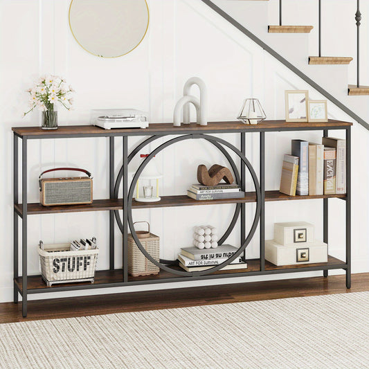 Mid-Century Halbank – Sofa Tafel – Console Tafel – Opbergtafel – Halmeubel – Stevig Metalen Frame – 3 Opbergniveaus – Extra Lang Faux Hout – Rustiek Bruin