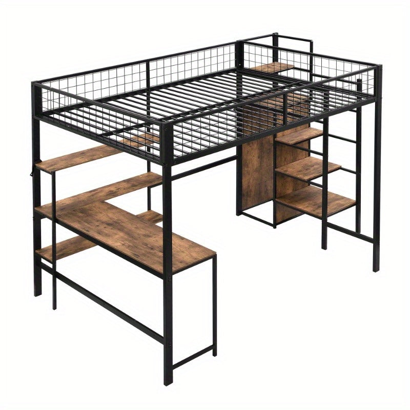 Hoogslaper – Stapelbed – Bedbank – Mezzanine Bed – Bed met Kast – Zwart + Bruin – 140x200 cm – Met Stabiel Metalen Frame