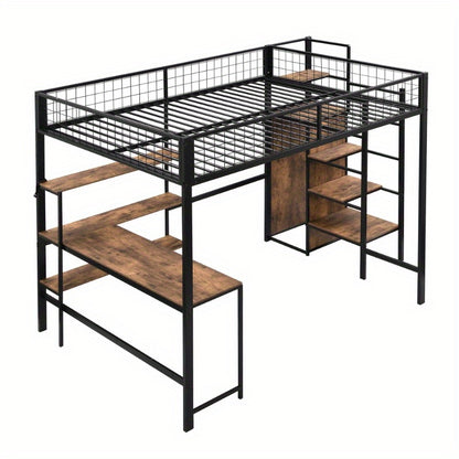 Hoogslaper – Stapelbed – Bedbank – Mezzanine Bed – Bed met Kast – Zwart + Bruin – 140x200 cm – Met Stabiel Metalen Frame