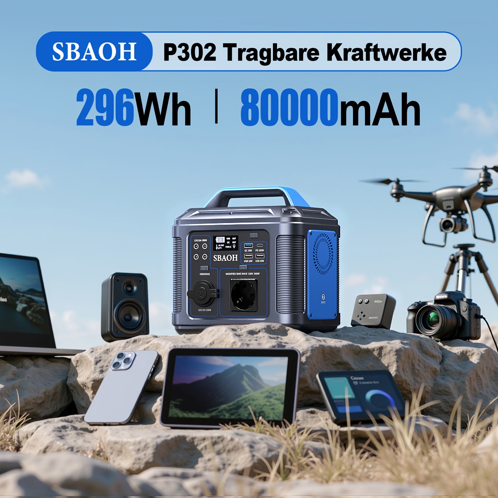 Powerbank – Draagbare Accu – Noodstroomvoorziening – Mobiele Oplader – Power Station Blauw – 296Wh Capaciteit – Multi-USB Snel Opladen - QUORE