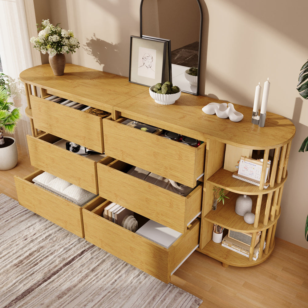 Grote Kast – Opbergkast – Dressoir – Sideboard – Ladekast – Eikenfineer & Bamboe – 6 Lades Met Verstelbare Planken – Antikantelmechanisme & Verstelbare Pootjes