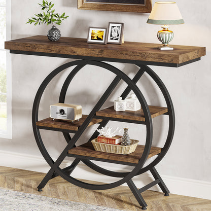 Sidetable – Consoletafel – Haltafel – Wandtafel – Bijzettafel – Rustiek Bruin – 100 cm Smal – Met Metalen Frame & 4 Dikke Opbergniveaus