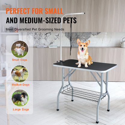 Trimmtafel – Verzorgingstafel – Honden Tafel – Katten Tafel – Draagbaar – Verstelbare H-vormige Armen – Inklapbaar Met Opbergruimte – Stabiel Tot 150 kg – Anti-Slip Rubber Voetjes – Zwart