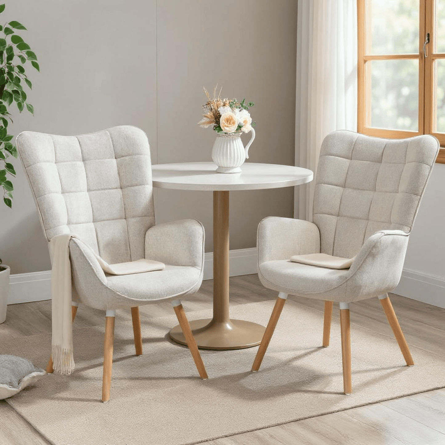 Eetkamerstoel – Armstoel – Fauteuil – Stoel Met Armleuningen – Beige – Hoogwaardige Quilted Stof – Stevige Houten Poten