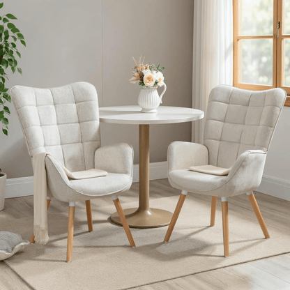 Eetkamerstoel – Armstoel – Fauteuil – Stoel Met Armleuningen – Beige – Hoogwaardige Quilted Stof – Stevige Houten Poten