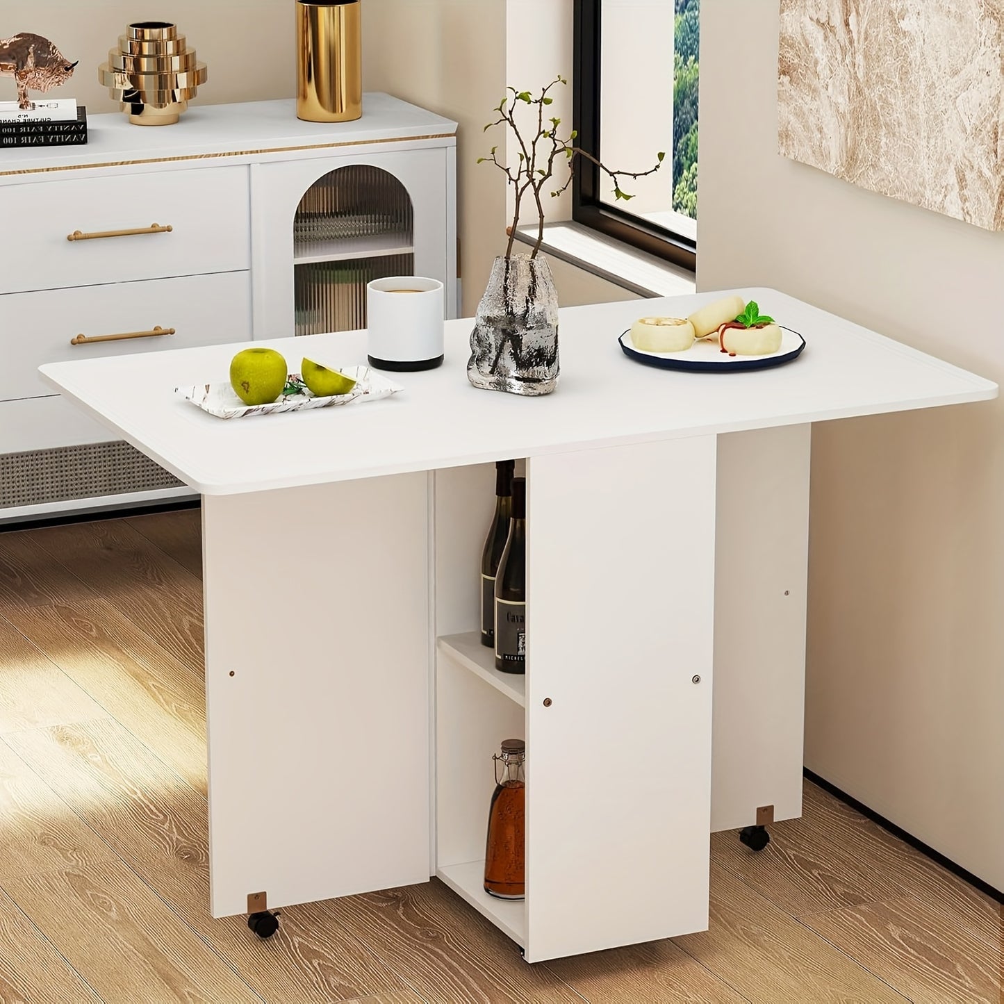 Uittrektafel – Inklapbare Tafel – Uitschuifbare Eettafel – Opklapbare Bureau – Verplaatsbare Werktafel – Wit – Modern – Met Wieltjes En Opbergruimte – 120x70x75 cm – Stevig Hardhout & Spaanplaat
