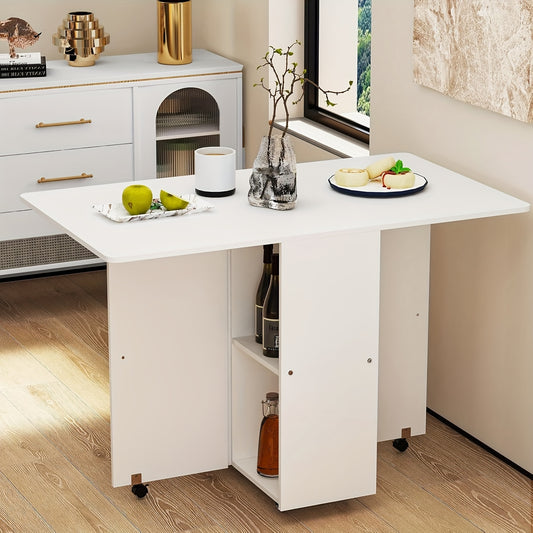 Uittrektafel – Inklapbare Tafel – Uitschuifbare Eettafel – Opklapbare Bureau – Verplaatsbare Werktafel – Wit – Modern – Met Wieltjes En Opbergruimte – 120x70x75 cm – Stevig Hardhout & Spaanplaat