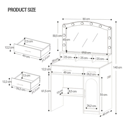 Make-uptafel – Kaptafel – Visagietafel – Make-up Bureau – Make-up Spiegel – Wit met Gouden Accenten – Grote Spiegel 45x70 cm – 3-Kleurige Instelbare LED-Verlichting