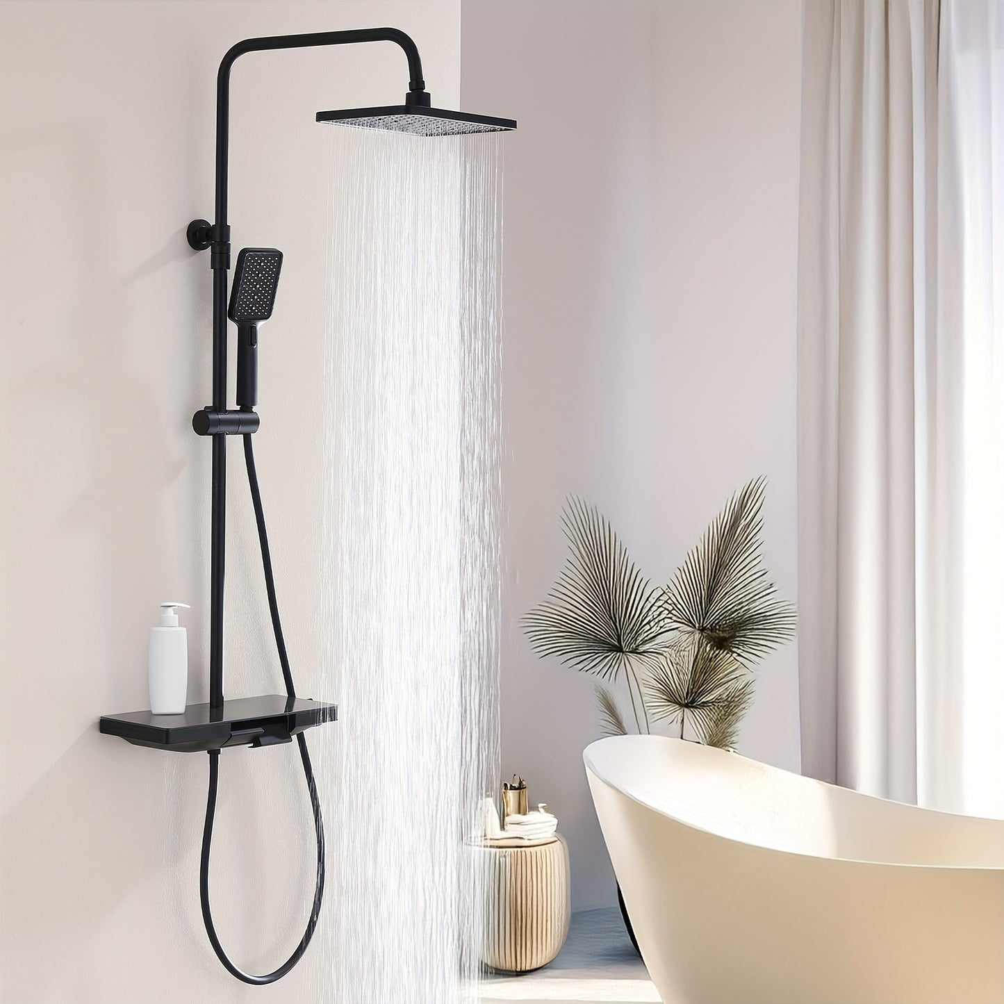 Modern Douchesysteem – Wanddouche – Regendouche – Handdouche – Doucheset – Mat Zwart – Zonder Elektriciteit – Inclusief Opbergplanken