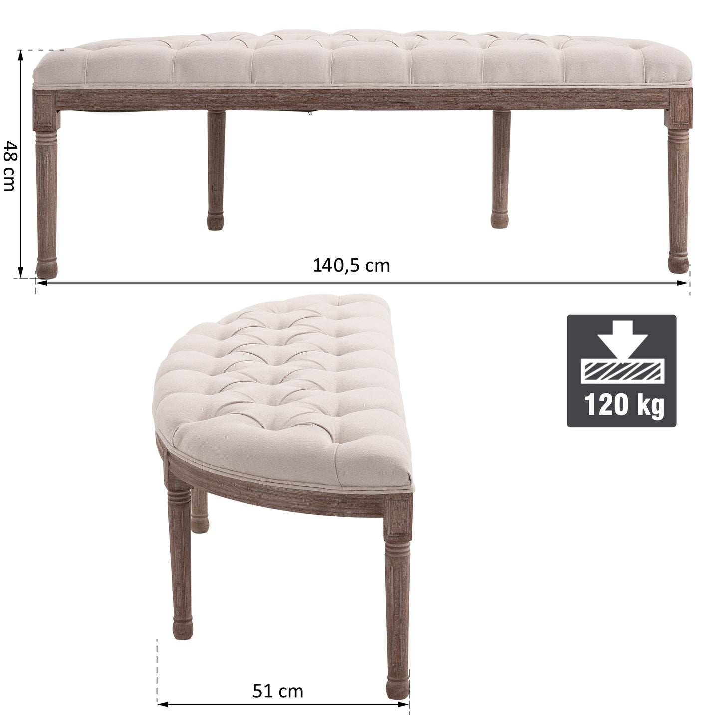 Bankje – Zitbank – Poef – Halbank – Loungekruk – Gevuld Kussen – Linnen Bekleding – Stabiele Houten Poten – 140,5 x 51 x 48 cm – Beige