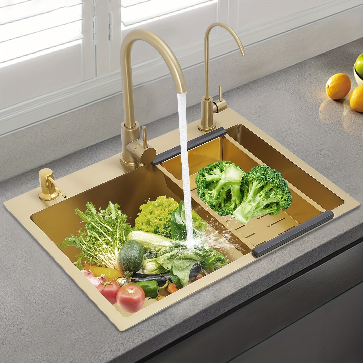 Enkele Spoelbak – Keukenspoelbak – Inbouwspoelbak – Onderbouwspoelbak – RVS Goudkleurig – 60x45 cm – Inclusief 2 Kraan Gaten, Zeepdispenser en Afloopmandje