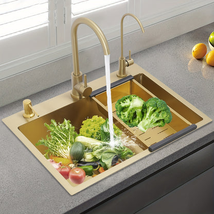 Enkele Spoelbak – Keukenspoelbak – Inbouwspoelbak – Onderbouwspoelbak – RVS Goudkleurig – 60x45 cm – Inclusief 2 Kraan Gaten, Zeepdispenser en Afloopmandje