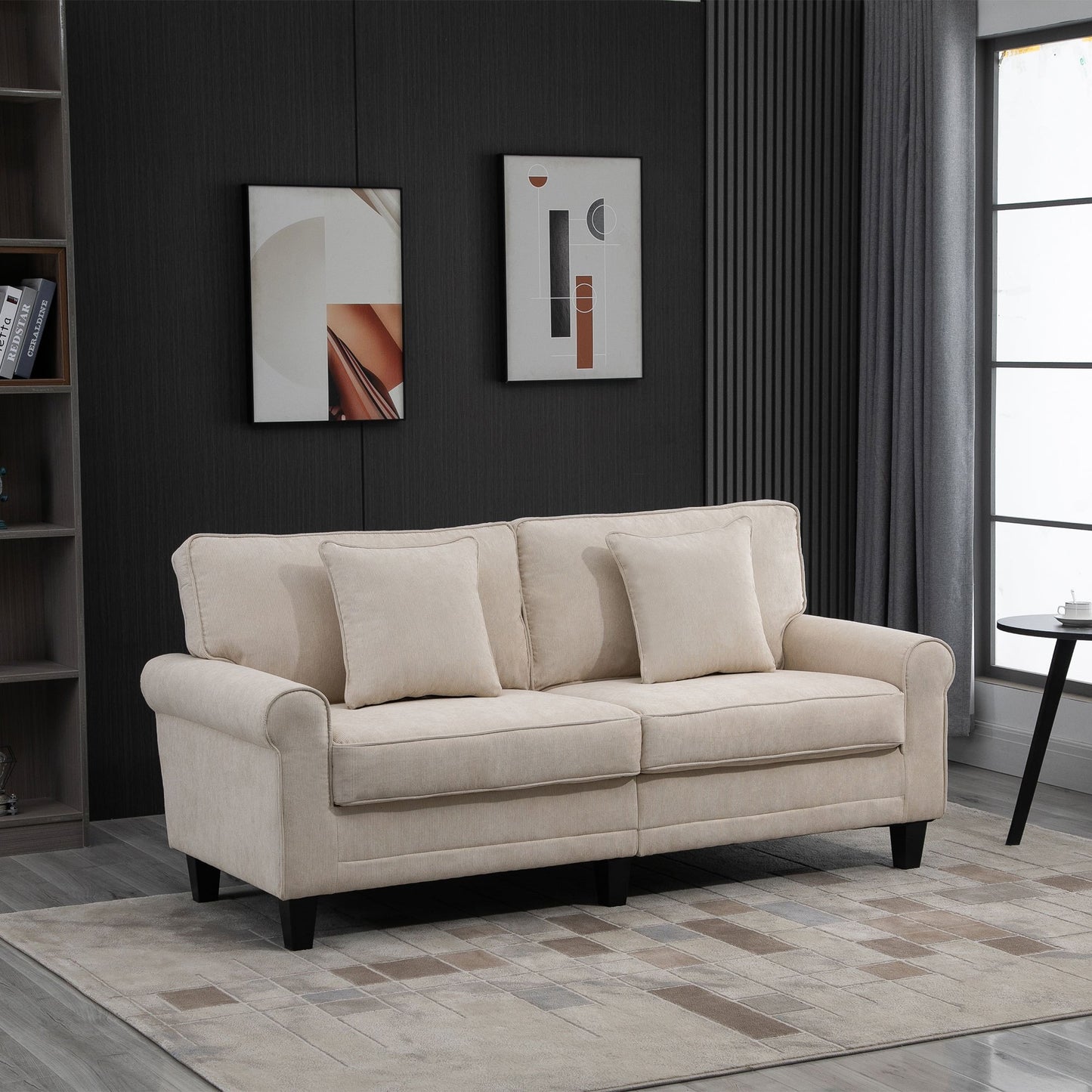 Bankstel – 3-zitsbank – Sofa – Slaapbank – Zithoek – Beige Ribfluweel – Hoogwaardig Zitcomfort 197 cm – Massief Dennehouten Poten – Inclusief 2 Sierkussens