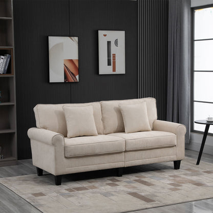 Bankstel – 3-zitsbank – Sofa – Slaapbank – Zithoek – Beige Ribfluweel – Hoogwaardig Zitcomfort 197 cm – Massief Dennehouten Poten – Inclusief 2 Sierkussens
