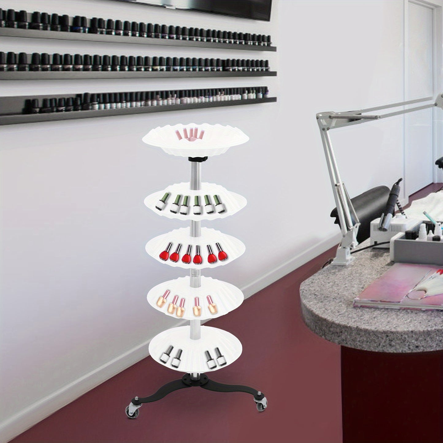 Nagellakhouder – Nagellakstandaard – Beauty Organizer – Cosmetica Opberger – Make-up Rek – 5 Lagen – Roestvrij Staal – Mobiel Met 3 Wieltjes – Wit Modern Design