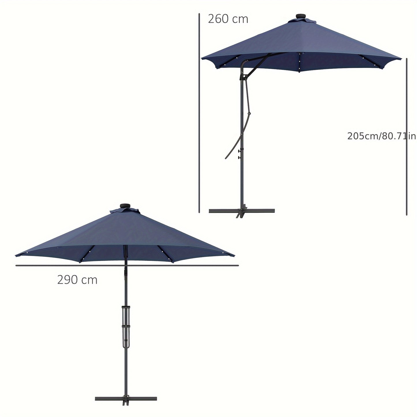 Parasol – Zonnescherm – Buitenscherm – Terrasparasol – Stabiele Parasol – Verstelbare Hoogte – Aluminium Frame – Donkerblauw Polyester – Kruisvoet 55-60 kg – Handmatige Slinger