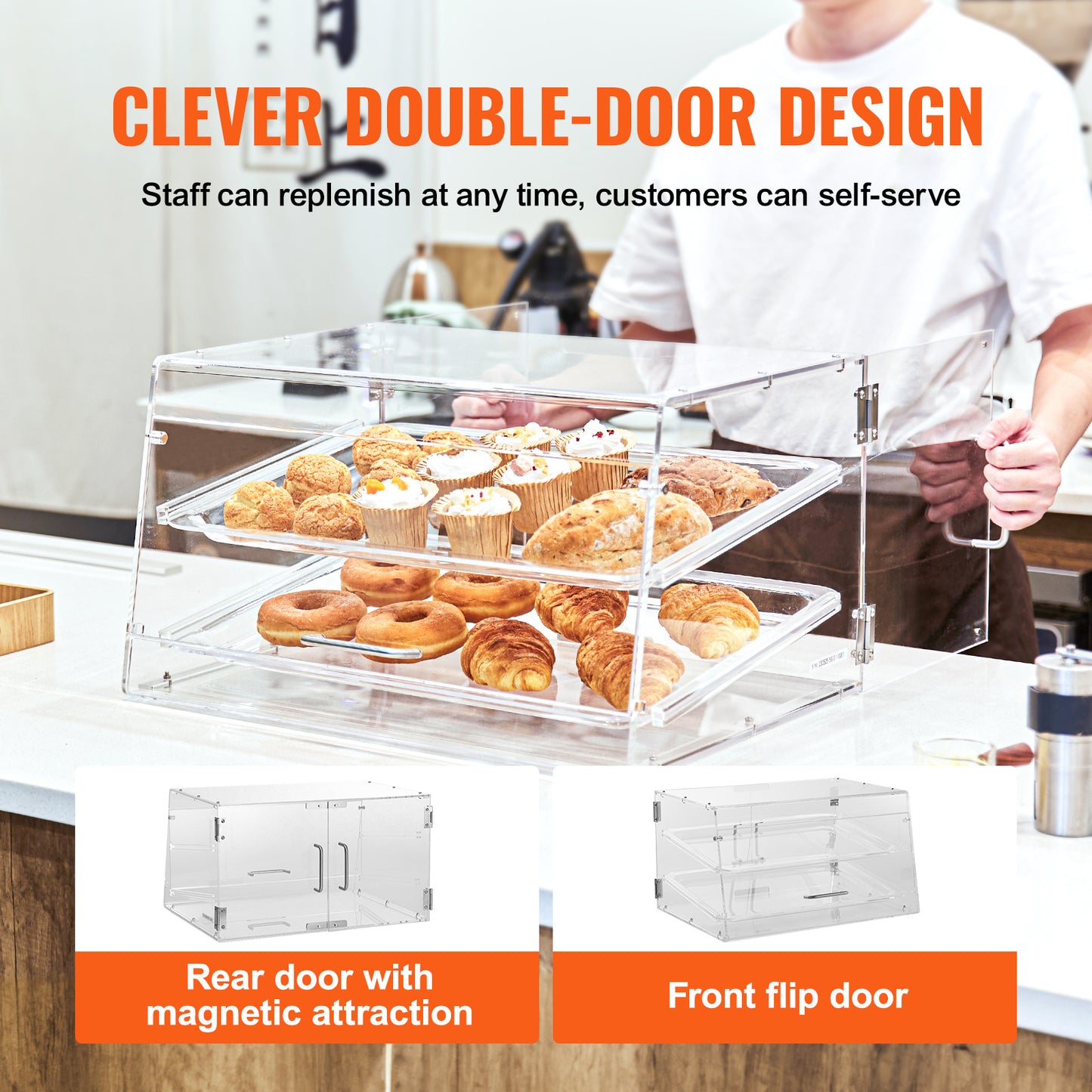 Displaycase Acryl – Gebaksvitrine – Snoepdispenser – Brooddisplay – Donutvitrine – 2 Etages Met Verwijderbare Trays – Roestvrijstalen Handgrepen