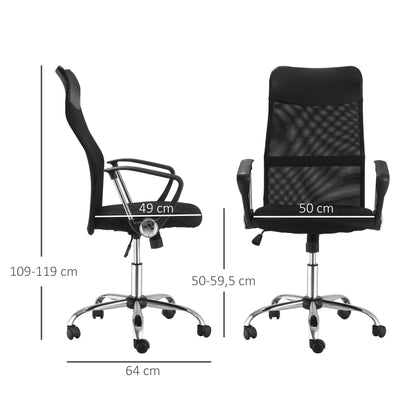 Ergonomische Bureaustoel – Gamingstoel – Draaistoel – Bureaustoel Met Kantelfunctie – Verstelbare Hoogte – Zwart – Mesh Rugleuning – Foam Zitting – 63x65x109-119 cm