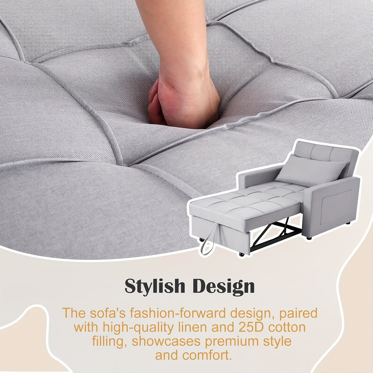 3-in-1 Sleeper Chair Bed with Folding Backrest & Side Pocket - Space-Saving Convertible Sofa Bed, Hardwood/Plywood Frame, Easy Assembly, No Batteries/Electricity, Ideal for Guest Rooms, Small Spaces, Apartments - Modern Grey