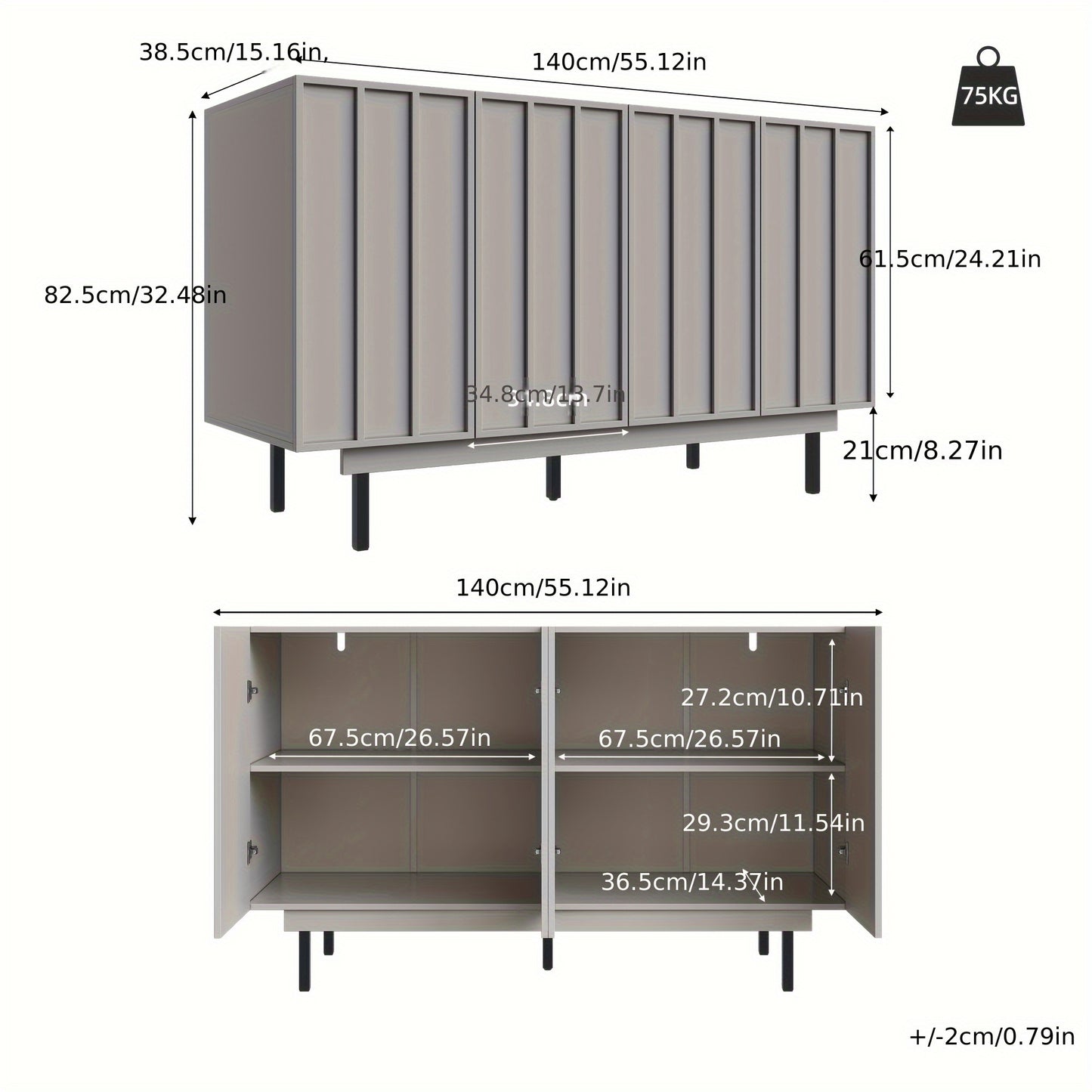Dressoir – Opbergkast – Ladekast – Kast – TV-meubel – Grijs – Vrijstaand – 140x38,5x82,5 cm – Onderhoudsvriendelijk Materiaal