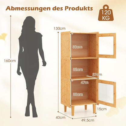 Keukenkast – Opbergkast – Buffetkast – Kast – Keukenrek – Bamboe – 3 Compartimenten – Acryldeuren – 49,5x40x130 cm – Vrijstaand