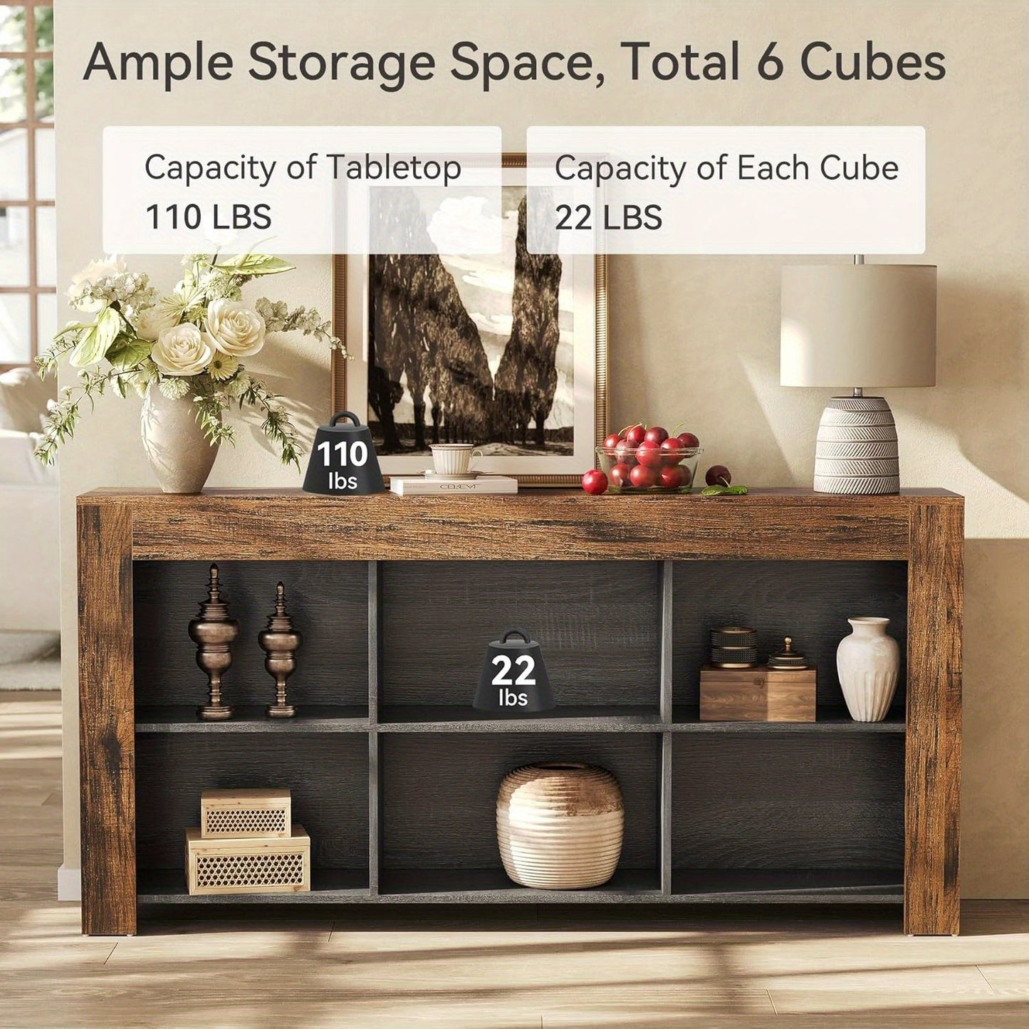 Sofatafel – Console Tafel – Bijzettafel – Sidetable – Wandtafel – 160 cm Lang – Houtvezelplaat & Hardhout – 2-laags Met 6 Opbergvakken – Smal Design Voor Hal Woonkamer