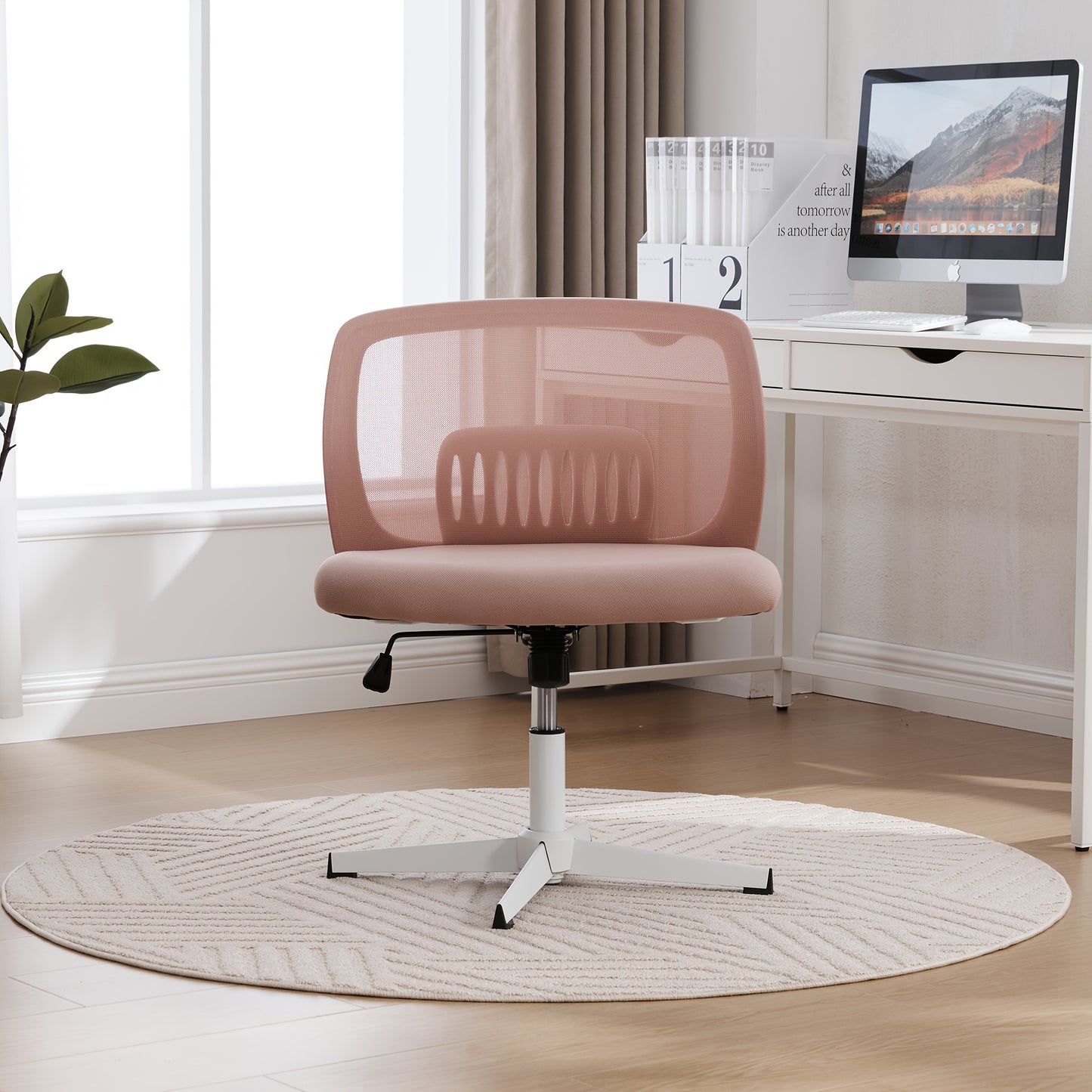 Armless Office Chair with Rocking Function & Height Adjustment - 360° Swivel, Ergonomic Cross-Legged Design, Lightweight Durable Plastic Frame, Manual Recline Handle - Spacious Reading/Living Room Chair for Home Office, 5 Co