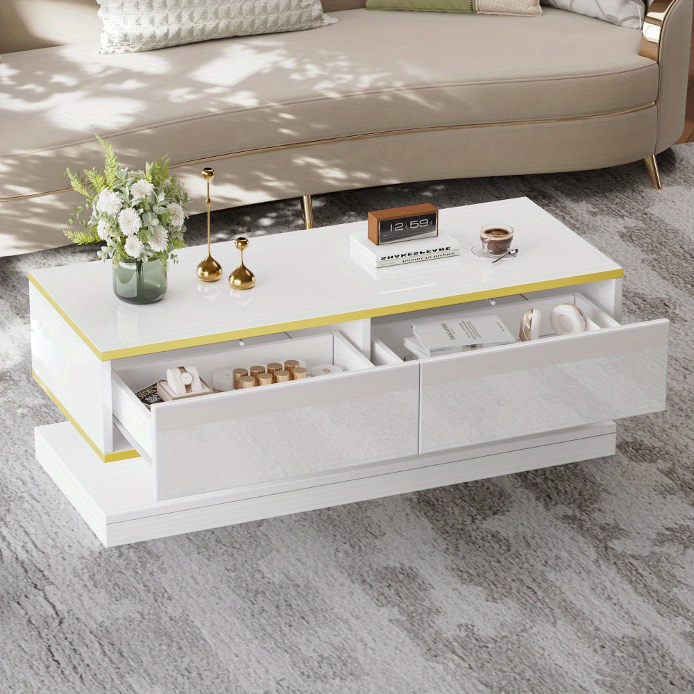 Salontafel – Woonkamertafel – Koffietafel – Bijzettafel – Coffee Table – Warm Wit Met Gouden Accenten – 2 Ruime Lades – 100 Cm Breed Met Stabiel Metalen Frame