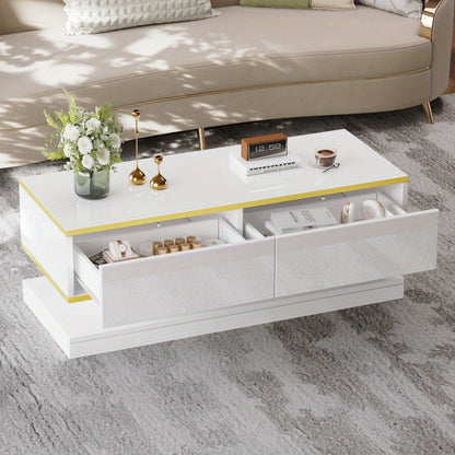 Salontafel – Woonkamertafel – Koffietafel – Bijzettafel – Coffee Table – Warm Wit Met Gouden Accenten – 2 Ruime Lades – 100 Cm Breed Met Stabiel Metalen Frame