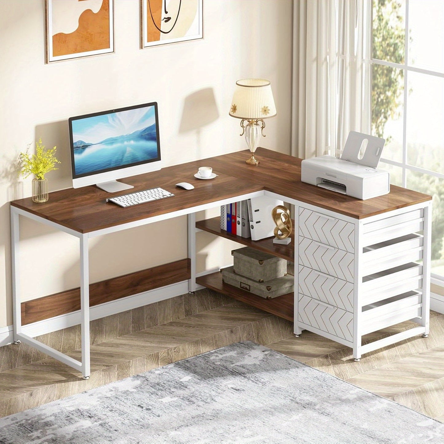 L-vormig bureau – hoekbureau – computerbureau – werkplek bureau – studeerbureau – met 4 ruime lades – stabiele metalen frame – walnoot & wit