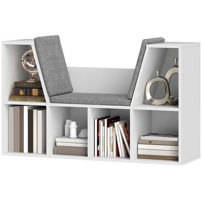 Boekenkast met Zithoek – Boekenkast – Opbergmeubel – Zitbank – Leeshoek – Wit – 6 Compartimenten – Gestoffeerde Zitting – 105x30x63 cm