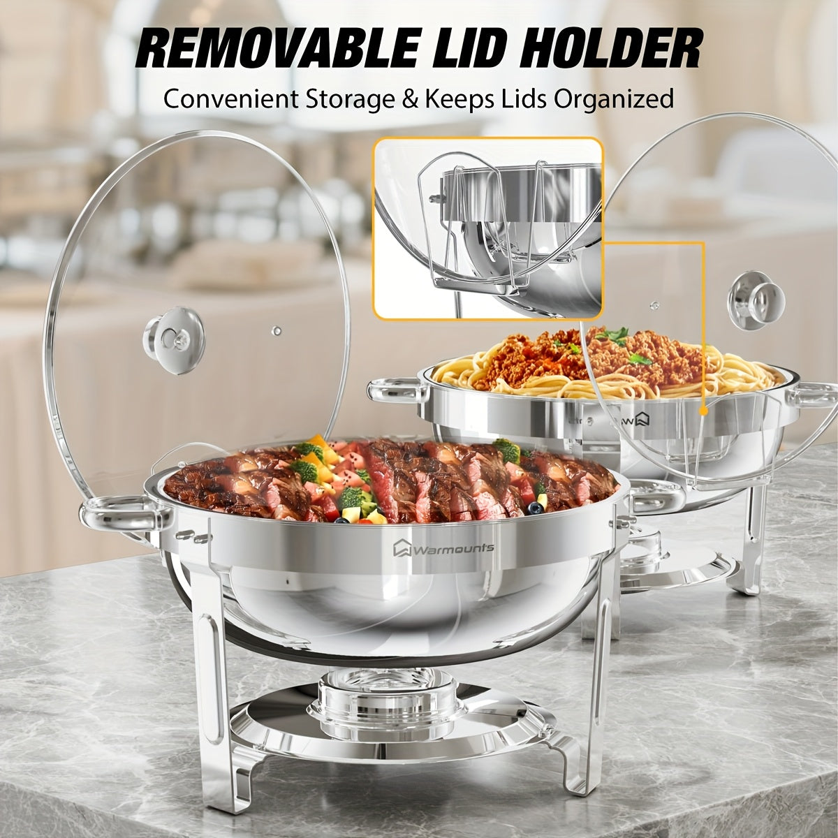Buffetwarmerset – Chafing Dish – Warmhoudpan – Serveringspan – Cateringpan – 4-delig – Roestvrij Staal – 5 Liter Inhoud – Glazen Deksel Met Houder