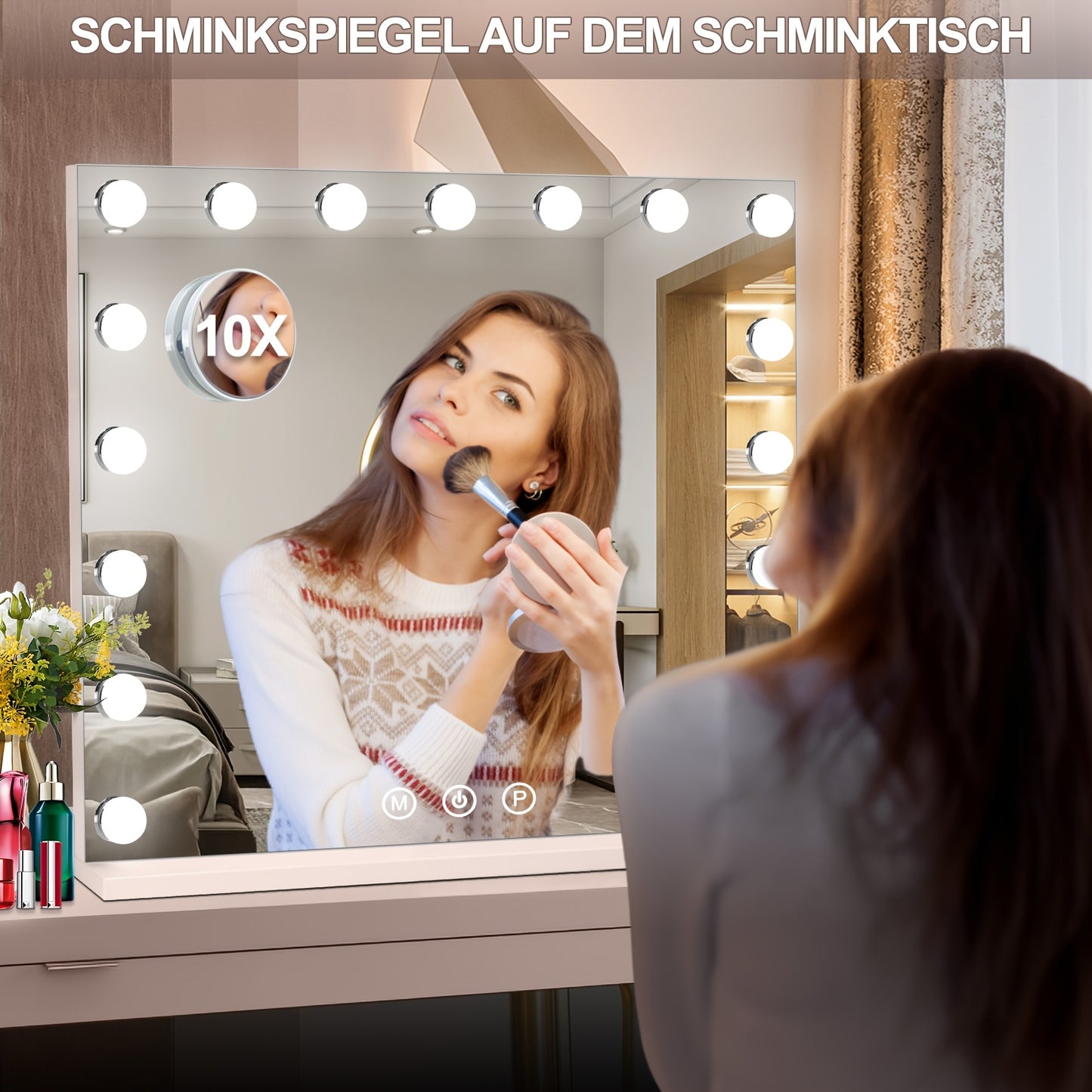 Hollywood Make-up Spiegel – Make-up Spiegel Met Lampen – Schminkspiegel – Beauty Spiegel – Tischspiegel – 17 Dimbare LED Lampen – 80x60 cm Met USB Oplaadfunctie – 10x Vergrotende Spiegel – Wit