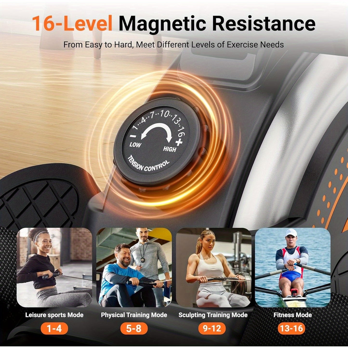 Roeitrainer – Roeimachine – Roeiapparaat – Fitnessapparaat – Hometrainer – 16 Weerstandsniveaus – Stil Magnetisch Systeem – Stabiel Stalen Frame met Ergonomisch Zitje