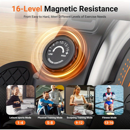 Roeitrainer – Roeimachine – Roeiapparaat – Fitnessapparaat – Hometrainer – 16 Weerstandsniveaus – Stil Magnetisch Systeem – Stabiel Stalen Frame met Ergonomisch Zitje