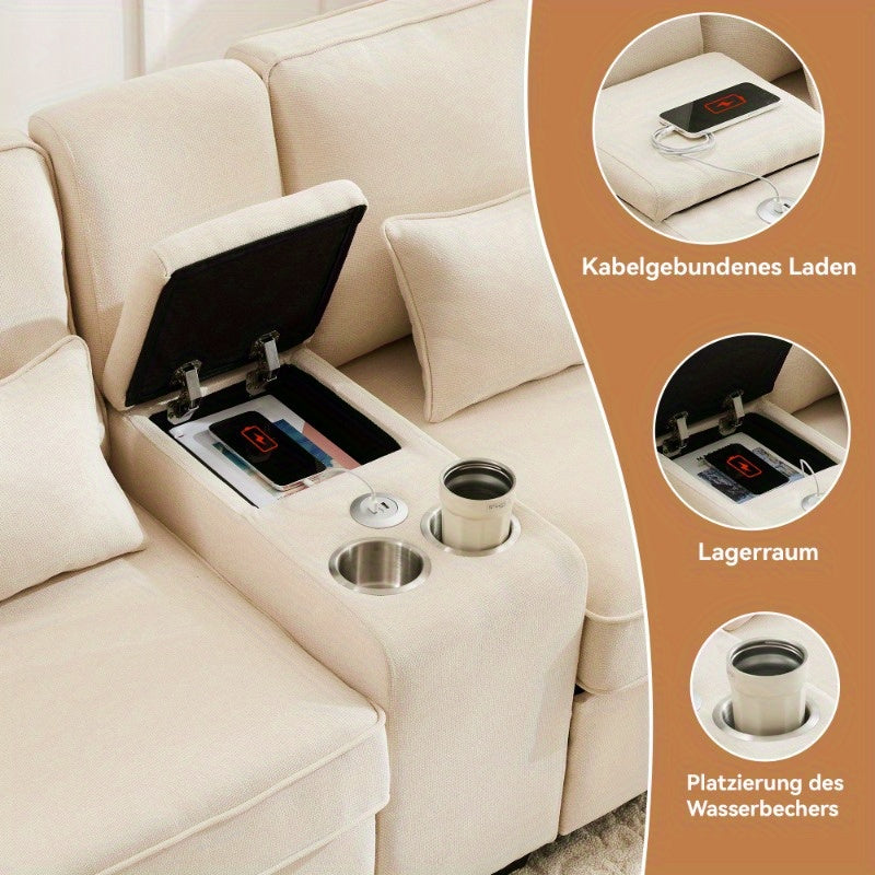 Bankstel – 4-Zitsbank – Zitbank – Hoekbank – Slaapbank – Modern Linnen – Console Met 2 Bekerhouders – Opbergruimte In Armleuning