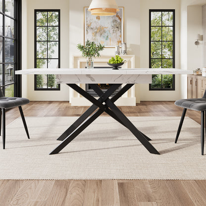 Uitschuiftafel – Inklaptafel – Klaptafel – Vouwtafel – Eettafel – Verstelbaar 120-160 cm – Wit Marmerlook – Zwarte Kruisframe Poten