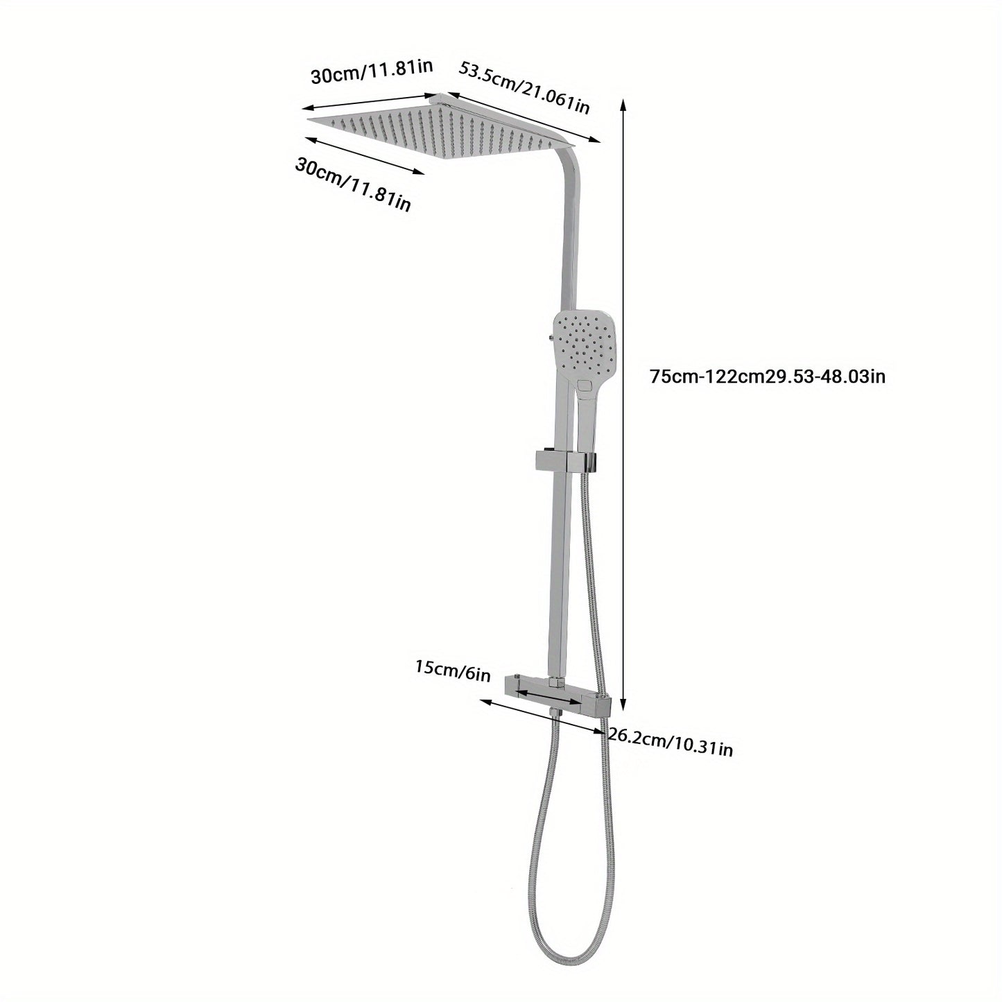 TOOL1SHOOO 30cm Thermostatic Shower Set With Three Hand Shower Modes - Silver, Top Shower With 360° Swivel, Adjustable Height 29.53-48.03inch, Intelligent Thermostatic Suitable For Bathroom Showers And Bathtubs