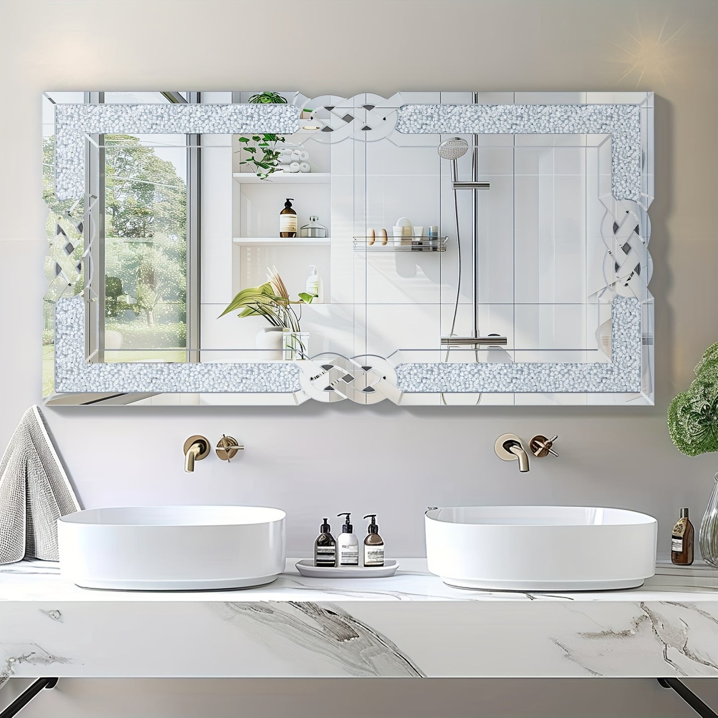 Wandspiegel – Muurspiegel – Glazen Spiegel – Decoratieve Spiegel – Badkamerspiegel – Silvery Glas Met Kristallen Rand – 120x60 cm Glamoureuze Afwerking