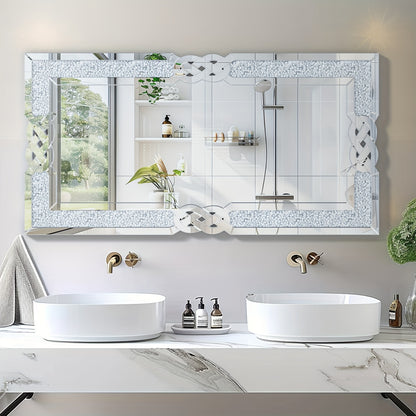 Wandspiegel – Muurspiegel – Glazen Spiegel – Decoratieve Spiegel – Badkamerspiegel – Silvery Glas Met Kristallen Rand – 120x60 cm Glamoureuze Afwerking