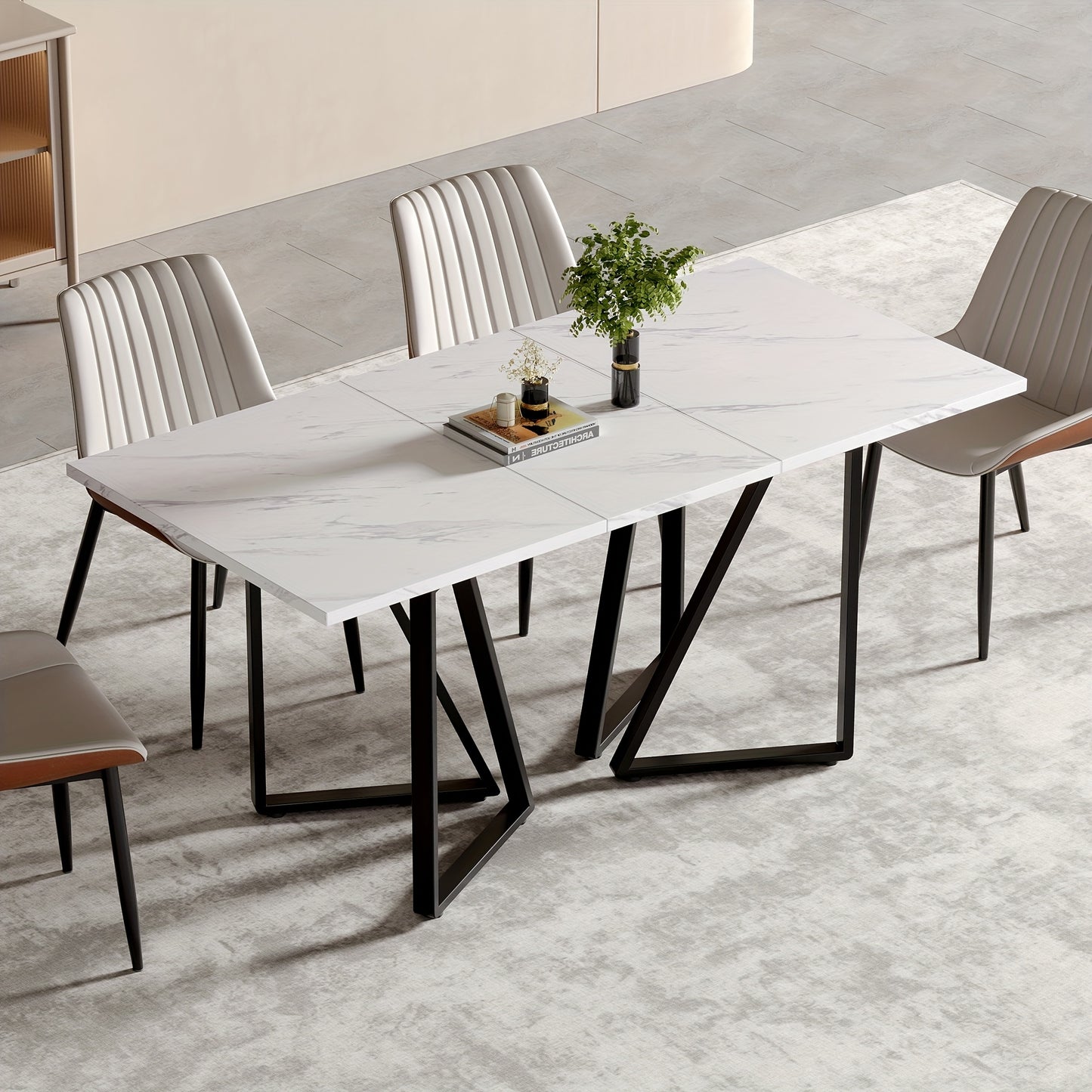 Eettafel – Eetkamertafel – Keukentafel – Uitschuiftafel – Bureaublad – Modern Design – Uittrekbaar Tafelblad – Verstelbare Pootjes – Marmerprint – MDF Wit met Gouden Accenten