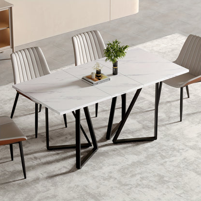 Eettafel – Eetkamertafel – Keukentafel – Uitschuiftafel – Bureaublad – Modern Design – Uittrekbaar Tafelblad – Verstelbare Pootjes – Marmerprint – MDF Wit met Gouden Accenten