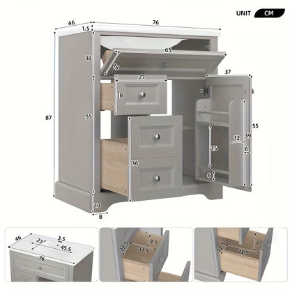 Badkamermeubel – Wastafelmeubel – Badmeubel – Wastafelkast – Onderbouwkast – Grijs – Ingebouwde Wastafel Wit – Soft-close Deuren – Ruimtebesparend – Vochtbestendig – Zonder Elektriciteit