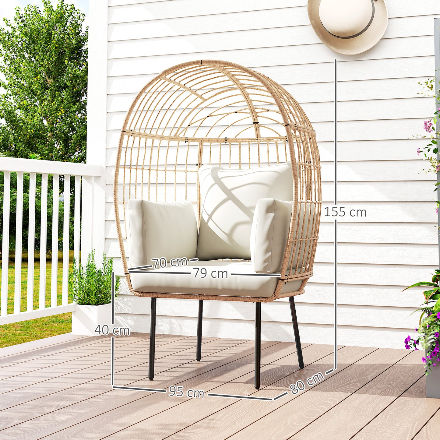Rotan Ei-Stoel – Rattan Stoel – Tuinstoel – Buitenzetel – Lounge Stoel – Beige – Handgevlochten Rotan – Afneembaar Gewatteerd Kussen – 95x80x155 cm